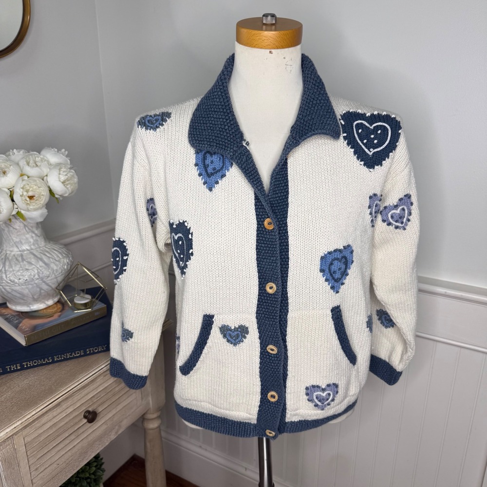 Cotton Salsa Heart Cardigan Sweater Blue White Hand Loomed Cotton Womens Medium